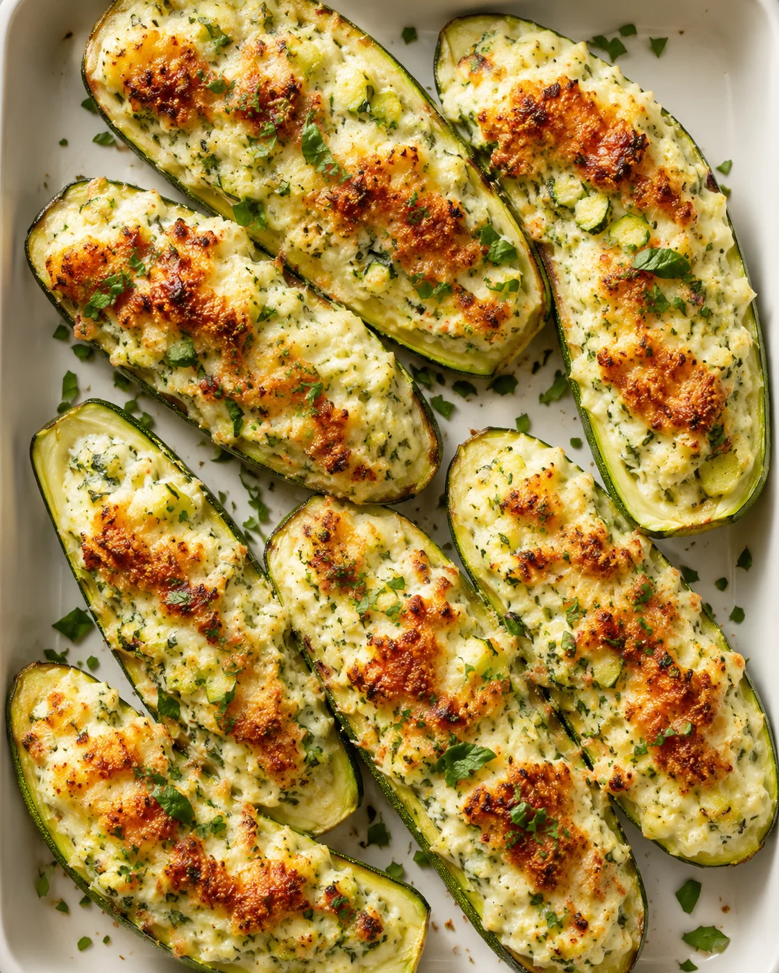Zucchini halves stuffed with creamy cheese and herbs, with browned tops, in a white baking dish.