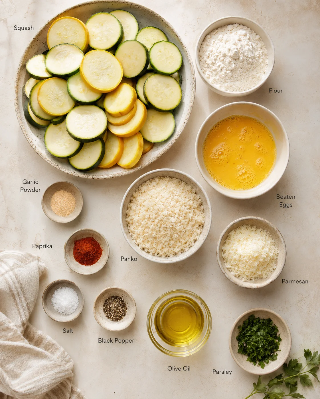 Overhead view of sliced summer squash with bowls of flour, eggs, panko, parmesan, and spices.