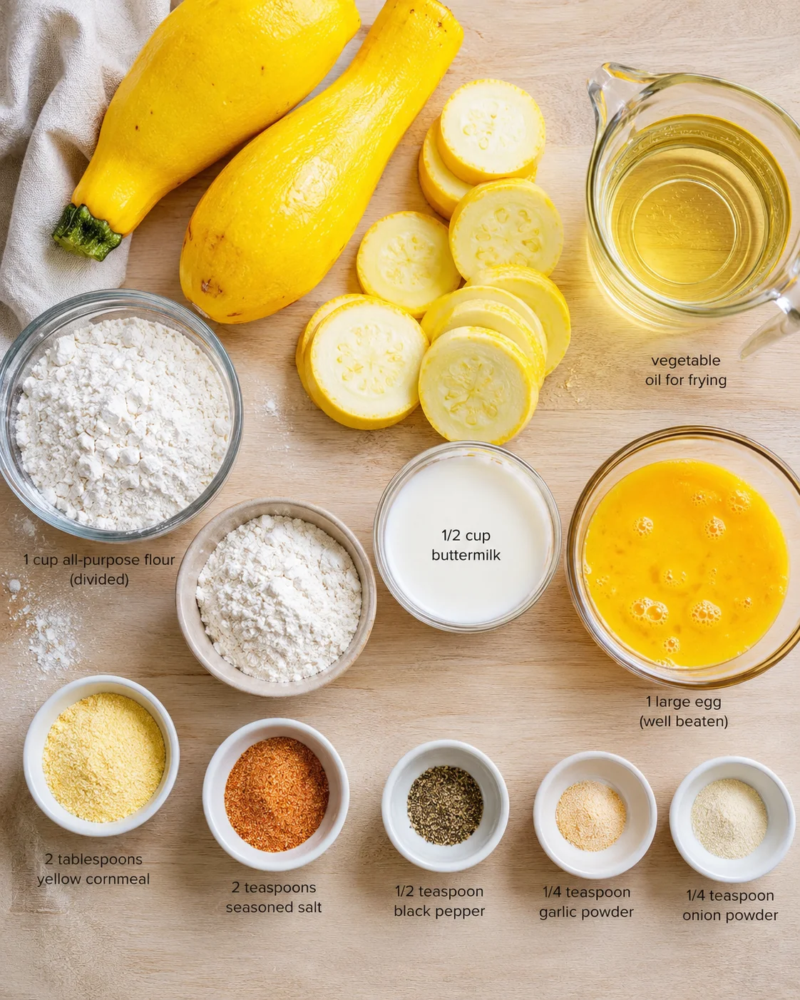 Top-down view of yellow squash and batter ingredients arranged on a wooden surface for frying.