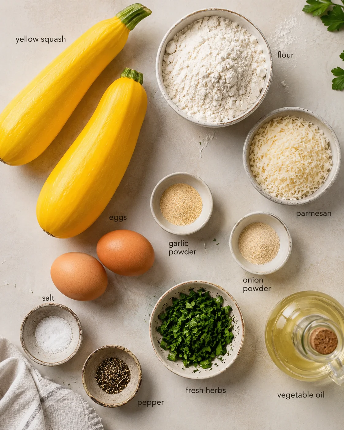 top-down shot of yellow squash and bowls of flour, parmesan, eggs, herbs, and spices arranged for a recipe