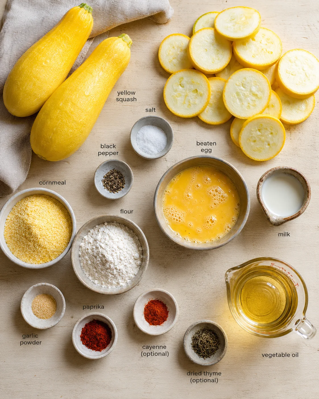 Top-down view of yellow squash, sliced rounds, beaten eggs, milk, and labeled bowls of dry ingredients on a wooden surface.
