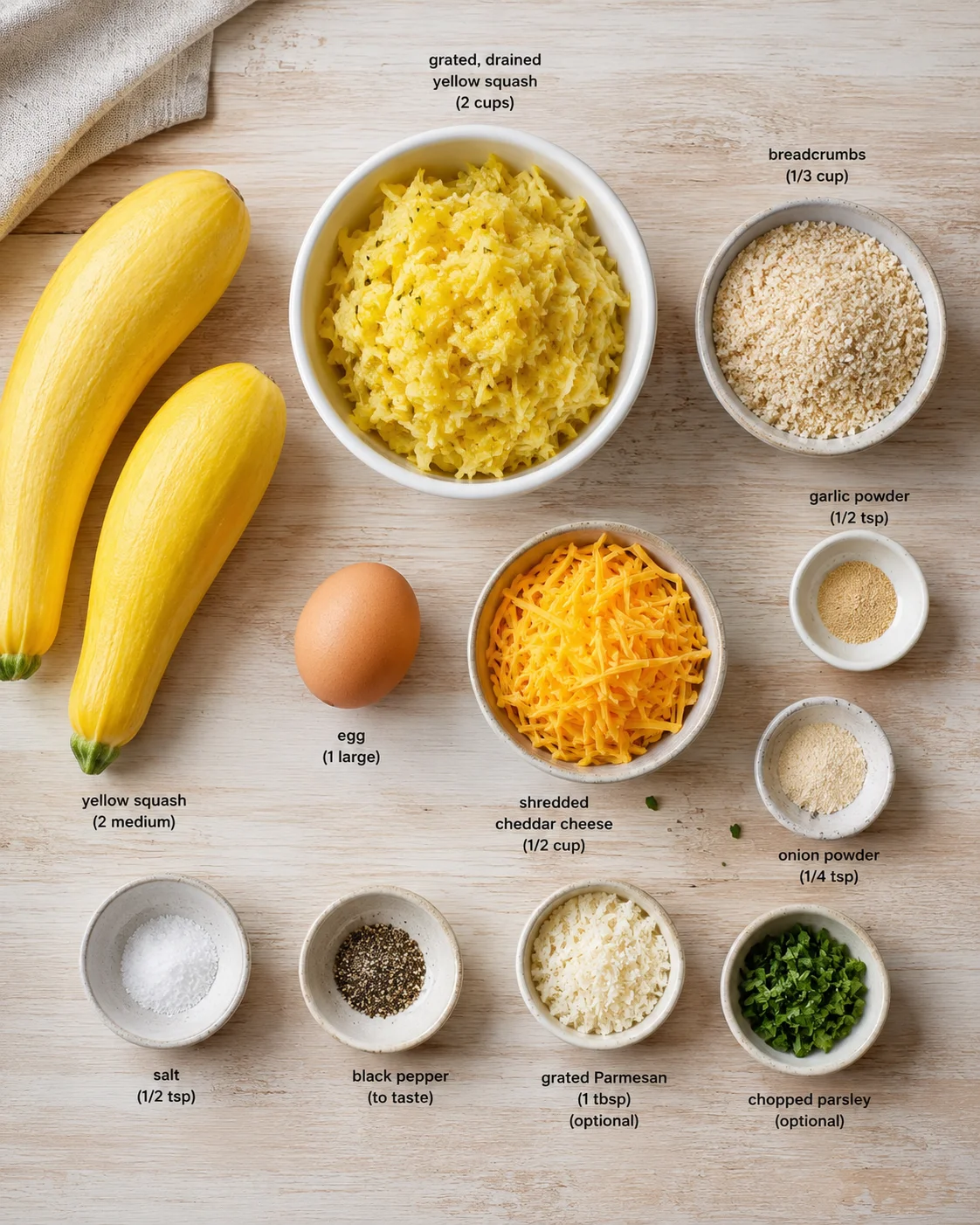 Overhead view of yellow squash ingredients and cheeses arranged on a wooden surface.