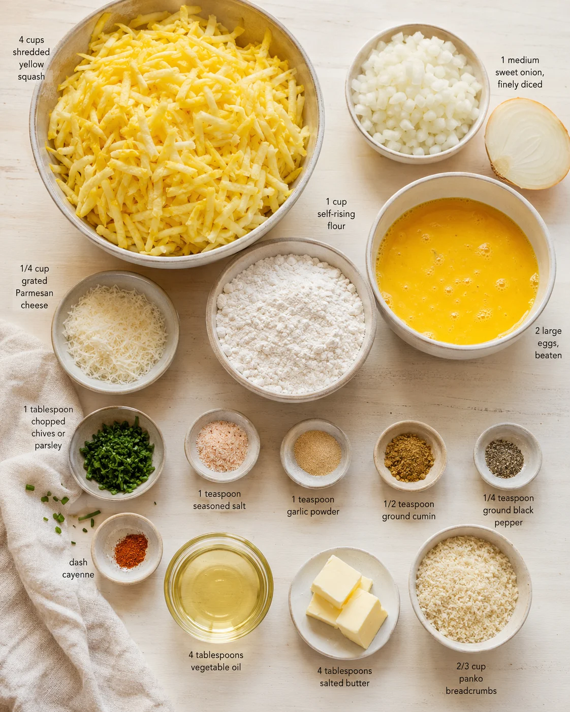 Overhead view of bowls with shredded yellow squash, onions, eggs, flour, cheese, and spices for a recipe.