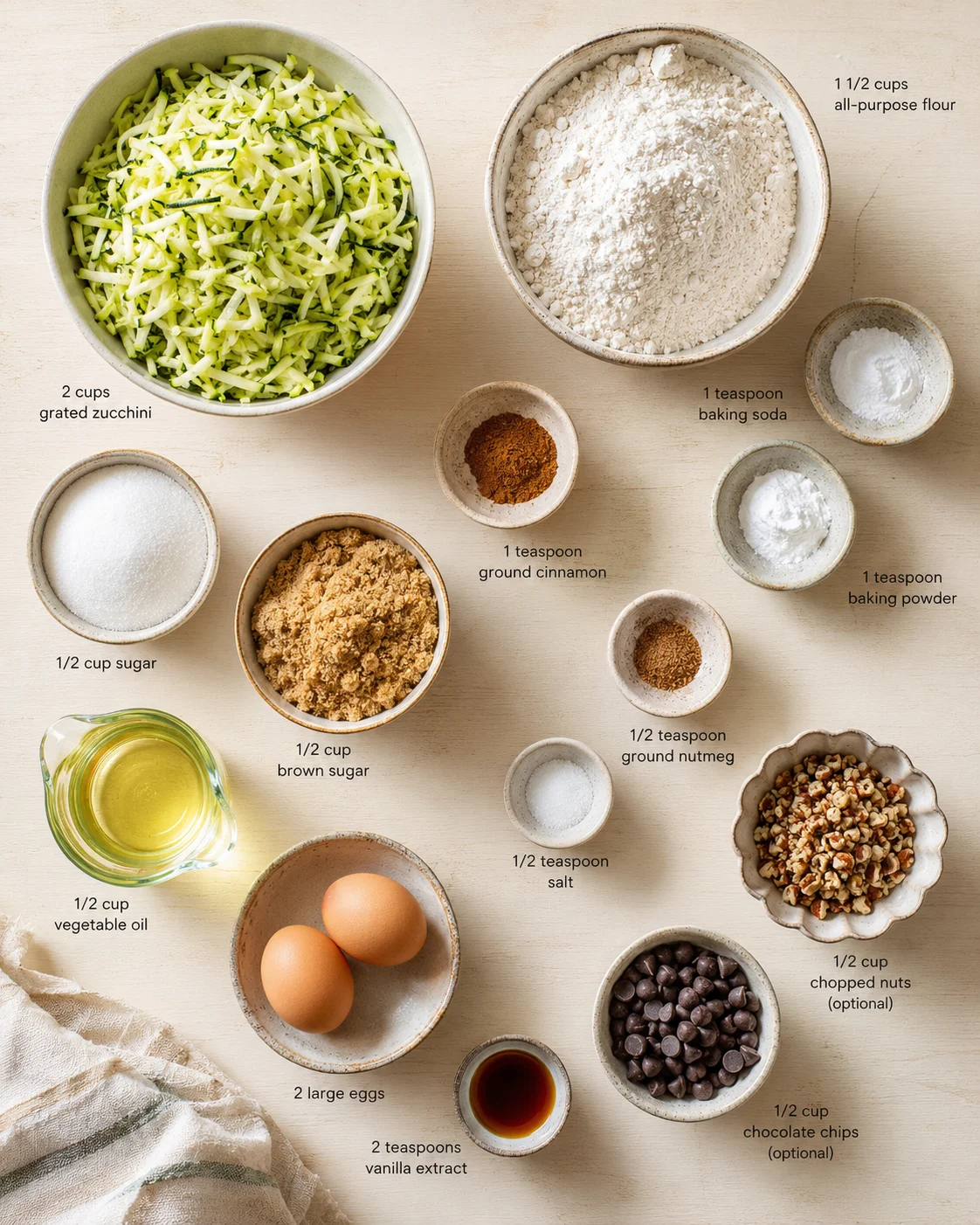 Overhead view of zucchini, flour, sugars, spices, oil, eggs, and chocolate chips arranged for zucchini bread.