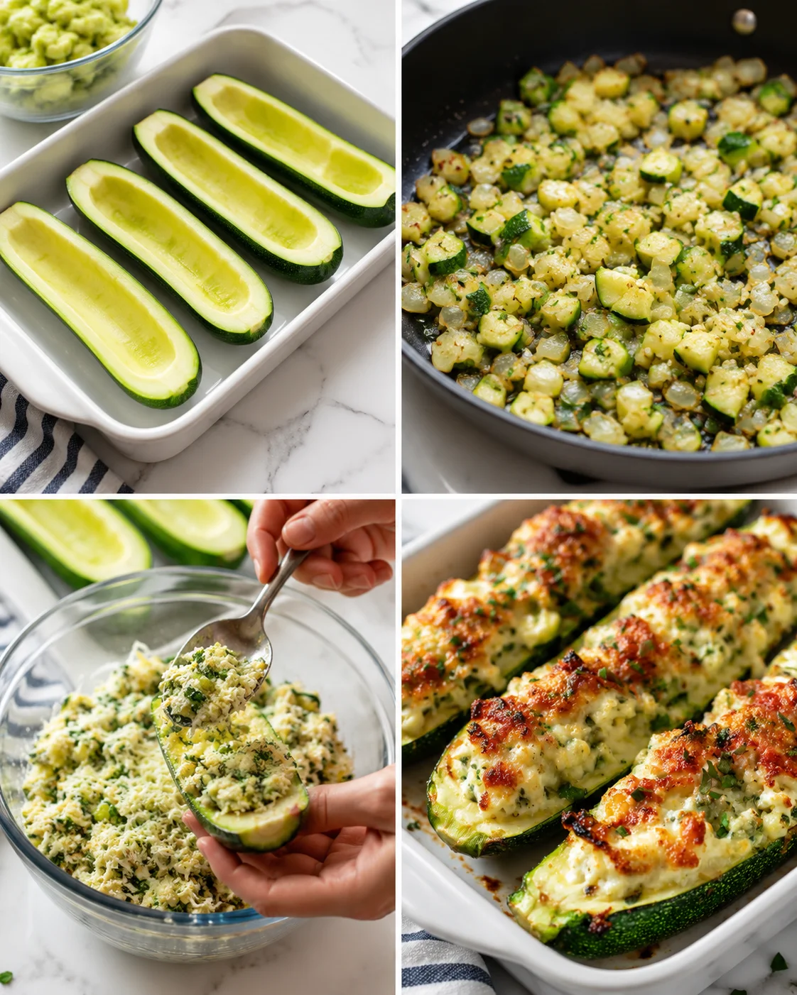 collage of zucchini boats being prepared and baked with cheesy herb filling