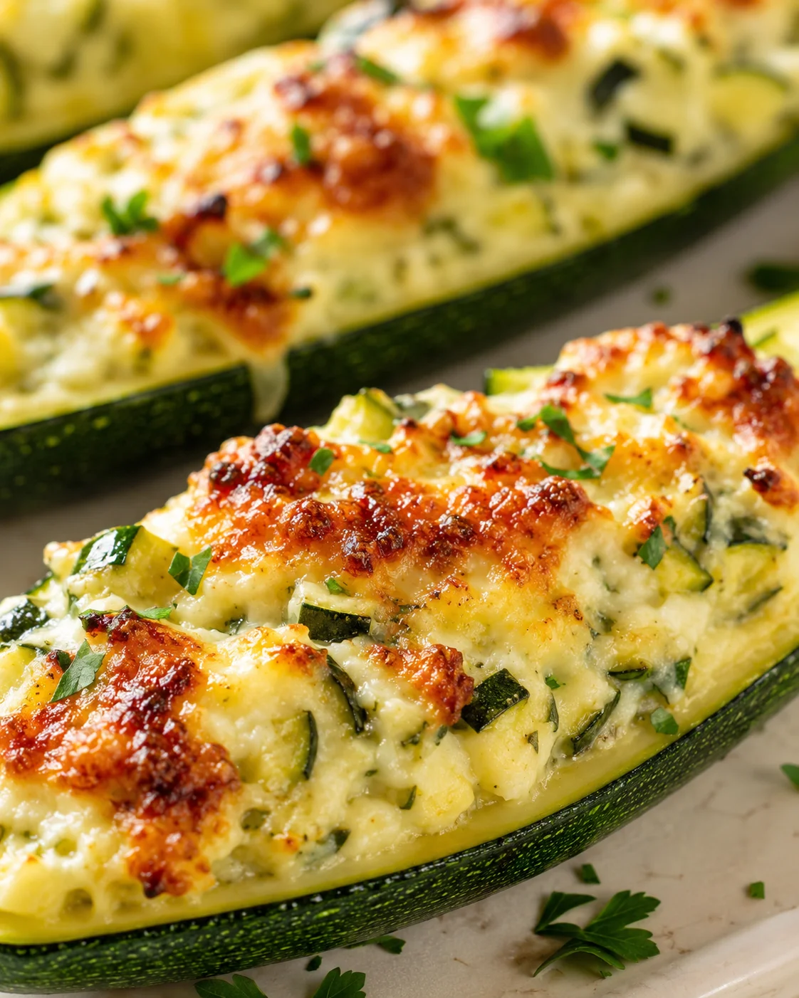 two baked zucchini boats filled with cheesy herb stuffing, golden crust, garnished with parsley