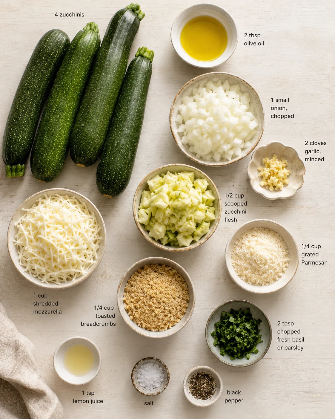 Top-down view of zucchinis and labeled ingredients arranged on a light wooden surface.