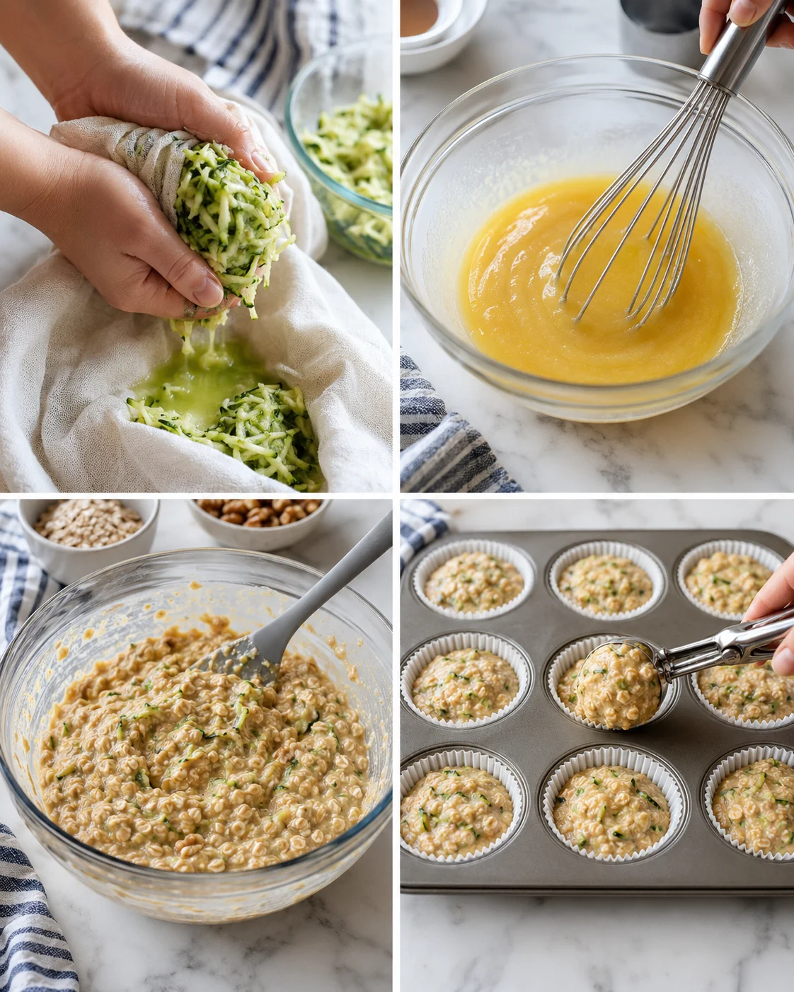 collage showing zucchini prep, whisked batter, and batter being spooned into muffin cups