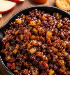 Close-up of savory apple whiskey bacon jam in a black dish with apples around