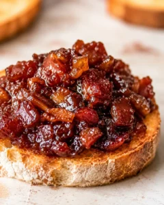 Close-up of savory bourbon bacon onion jam spread on crusty bread.