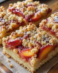 Close-up of freshly baked nectarine crumble bars with golden topping.