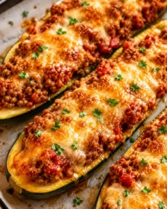 Baked zucchini stuffed with ground beef, tomato sauce, and melted cheese garnished with herbs.