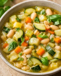 Close-up of hearty zucchini and white bean soup with fresh basil