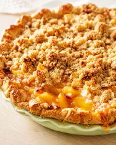 Golden peach pie with crumb topping served on a plate, steaming hot.