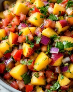 Bright and vibrant nectarine salsa with tomatoes, red onion, cilantro, and chili.