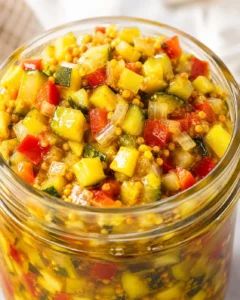 A jar filled with vibrant homemade zucchini relish with red peppers and onions.