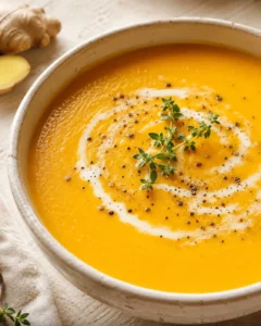 Vegetable soup made with carrots and ginger, garnished with herbs and pepper