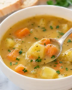 A bowl of warm, creamy carrot potato soup garnished with herbs