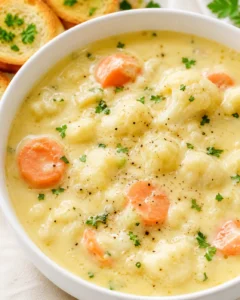 A bowl of creamy cauliflower and carrot soup with herbs and chopped vegetables