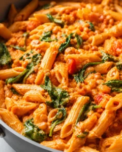 Close-up of creamy pasta dish with lentils and spinach in a skillet