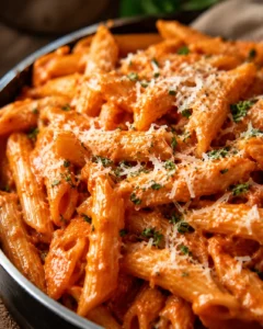 Close-up of delicious, creamy red sauce pasta garnished with cheese and herbs