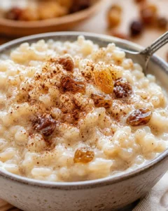 Close-up of a bowl of warm rice pudding topped with raisins and cinnamon