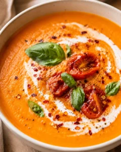 A bowl of vibrant orange roasted tomato carrot soup garnished with basil, tomatoes, and spices.