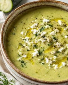 Delicious bowl of creamy roasted zucchini soup topped with feta and herbs