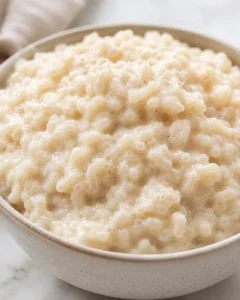 Close-up of a spoonful of creamy rice pudding in a bowl.