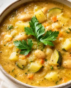 A bowl of creamy zucchini and potato soup garnished with fresh parsley.