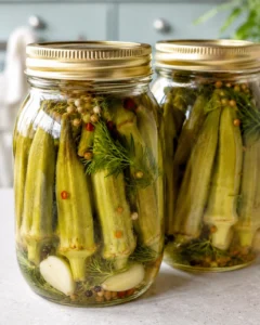 Fresh okra jars packed with spices and herbs ready for pickling and preserving.