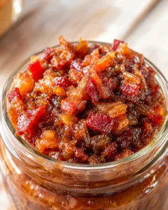 Close-up of a glossy jar of homemade bacon jam with caramelized onions and bacon pieces