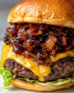 Close-up of a burger topped with savory homemade bacon jam and melted cheese