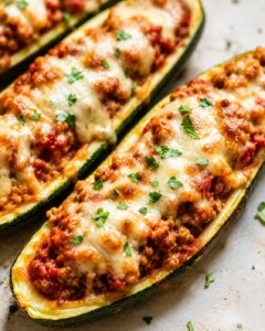 Close-up of cheesy, savory zucchini boats filled with sausage and marinara sauce.