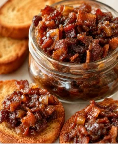 Savory bacon jam served on toasted bread slices for a tasty snack.