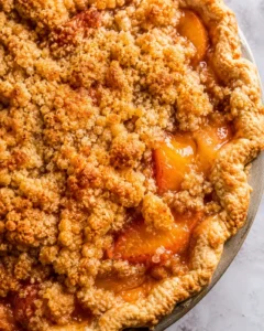 Close-up of homemade peach pie with buttery crumble topping, ready to serve.