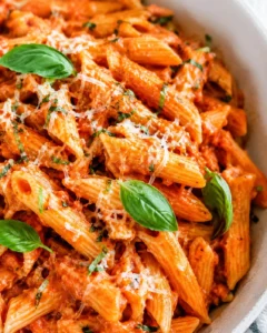 Close-up of flavorful penne pasta in red sauce garnished with basil and cheese