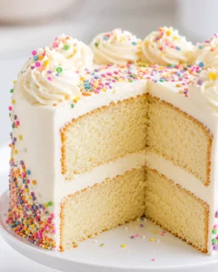 Close-up of a slice of vanilla cake with colorful sprinkles and smooth frosting.