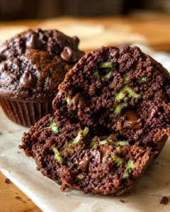 Close-up of moist, chocolatey zucchini muffins with gooey chocolate chips, cut in half.