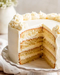 Close-up of a sliced French vanilla cake with creamy frosting and decorative swirls