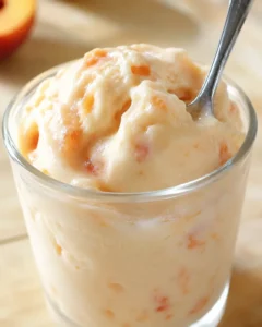Creamy homemade nectarines frozen yogurt topped with juicy fruit pieces in a glass
