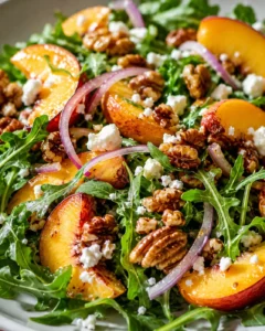 Colorful peach and arugula salad with walnuts, feta, and red onion slices.
