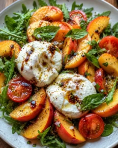 Colorful peach and burrata salad with basil and cherry tomatoes on a white plate.