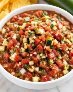 Colorful zucchini salsa with tomatoes, onions, and cilantro in a white bowl.