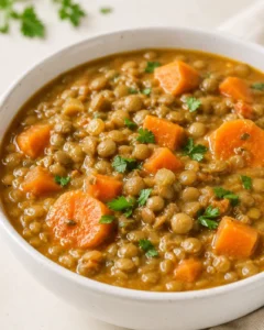 A bowl of flavorful carrot and lentil soup garnished with parsley.