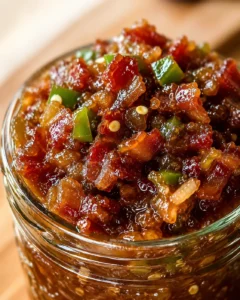 Close-up of spicy, smoky bacon jam with jalapeños and onions in a jar