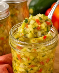 A jar of freshly made zucchini relish with chopped vegetables and spices