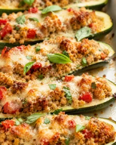 Delicious baked zucchini halves filled with sausage, tomato, couscous, and melted cheese.