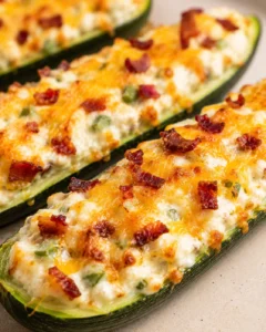 Baked zucchini filled with cheesy, spicy jalapeno and bacon topping.