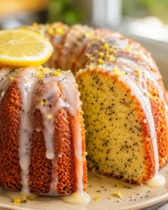 Close-up of moist lemon poppy seed cake with lemon slices and glaze.